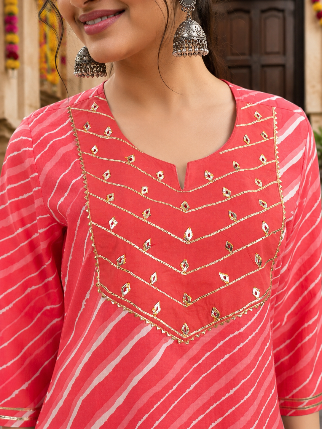 Peach Adaa Leheriya Cotton Kurta Pant Set