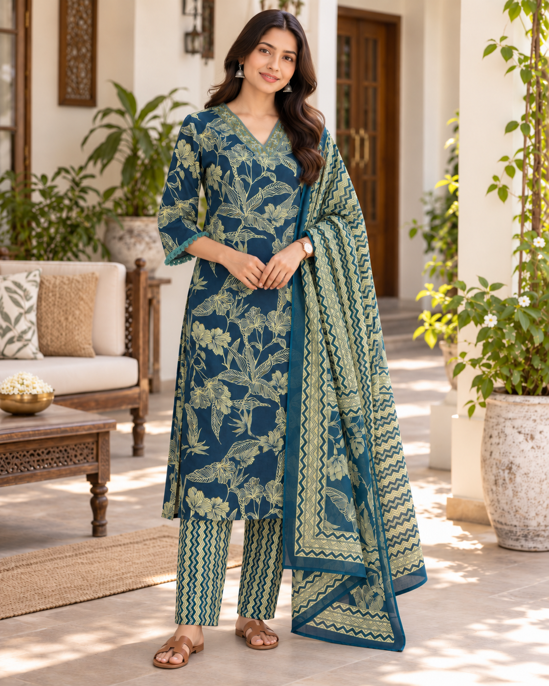 Teal Aranya Pure Cotton Suit Set