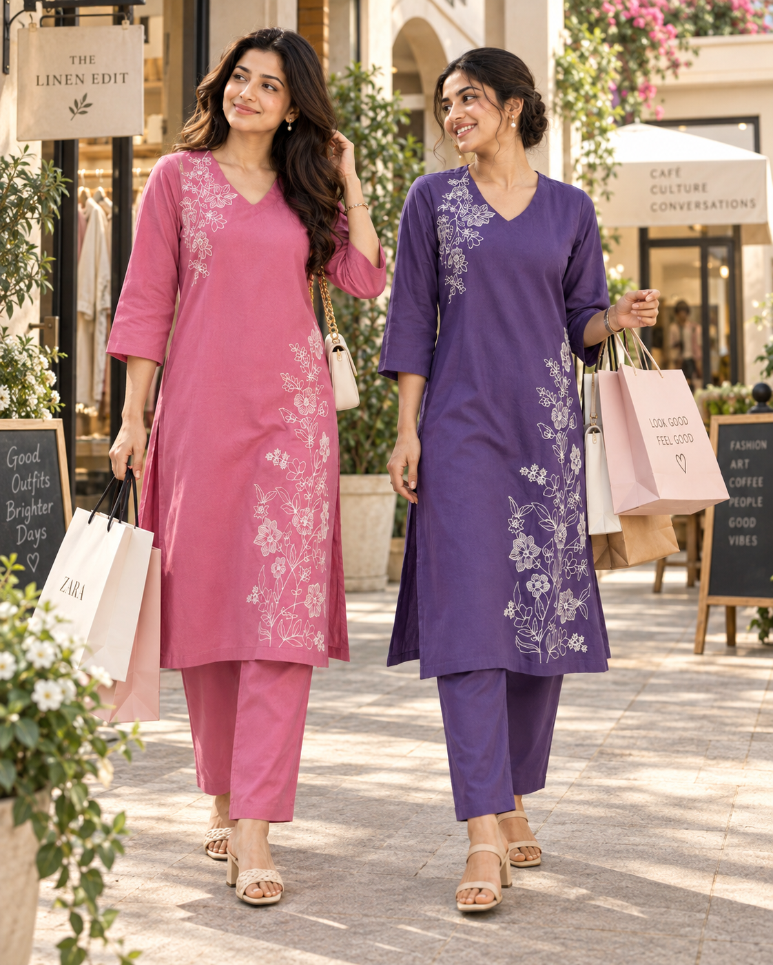 Purple Flora Dori Embroidery Cotton Flex Co-ord Set