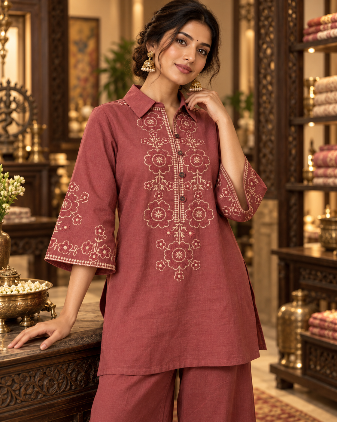 Rosewood Vallari Embroidered Cotton Flex Co-ord Set