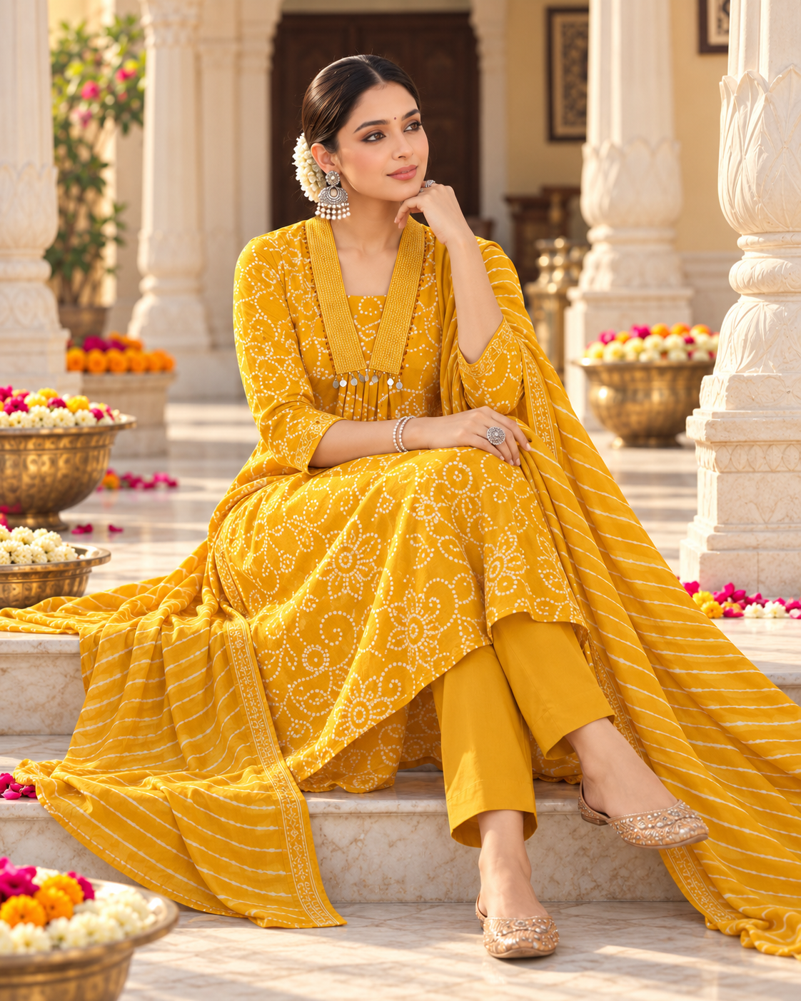 Haldi Bandhej Pure Cotton Suit Set