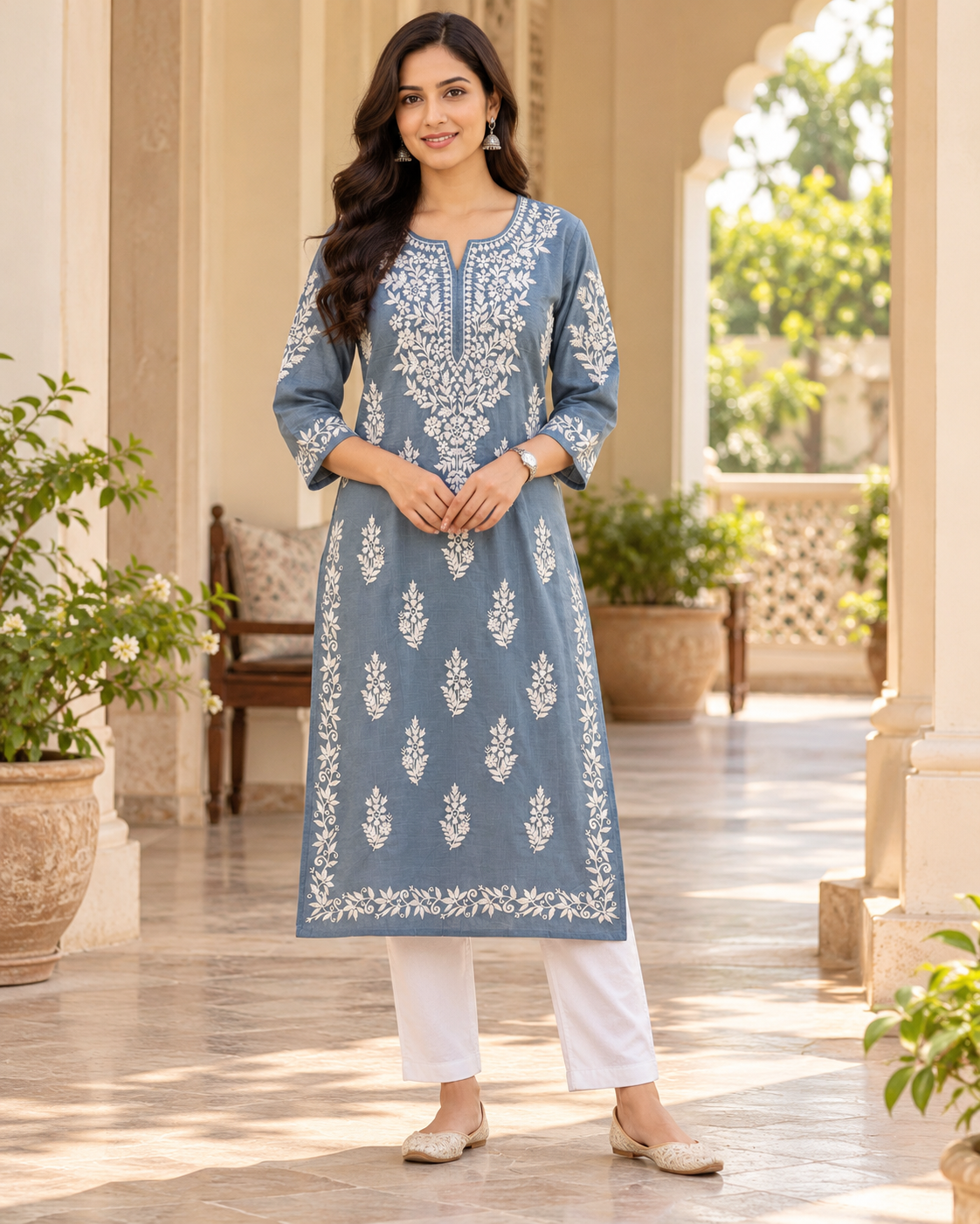 Blue Grey Embroidered Cotton Kurta