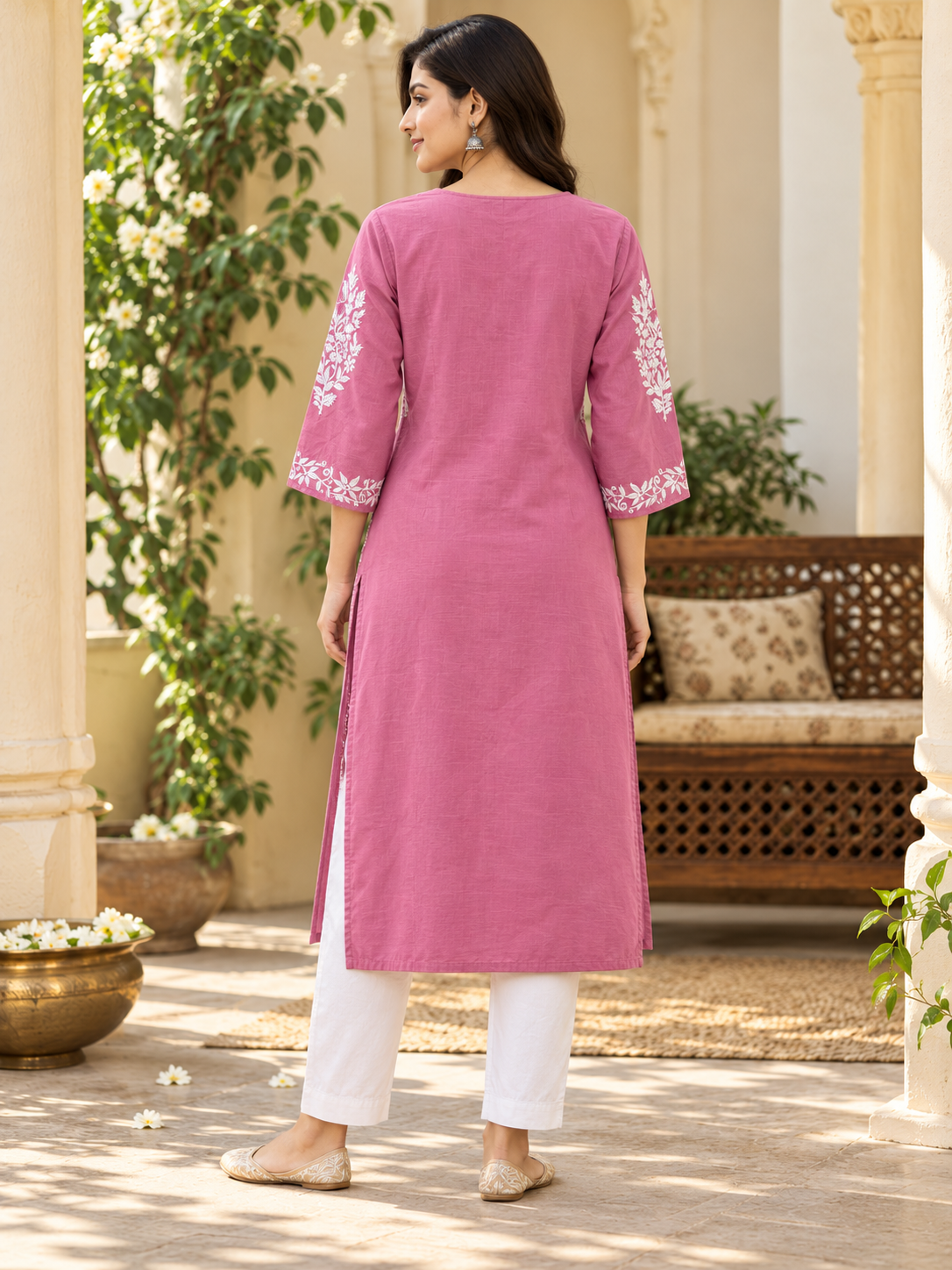 Dusty Rose Embroidered Cotton Kurta