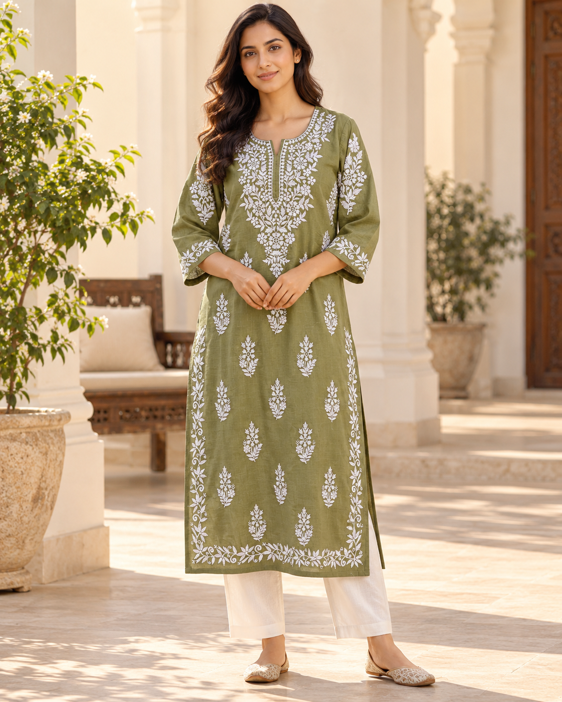 Olive Green Embroidered Cotton Kurta