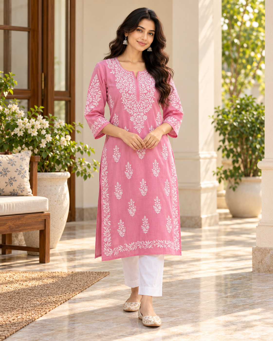 Rose Pink Embroidered Cotton Kurta