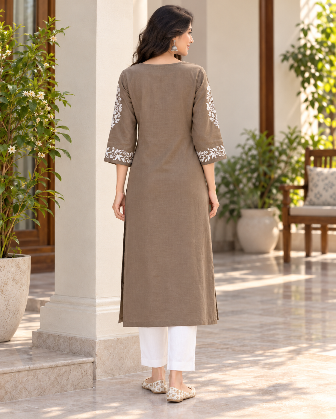 Earth Taupe Embroidered Cotton Kurta
