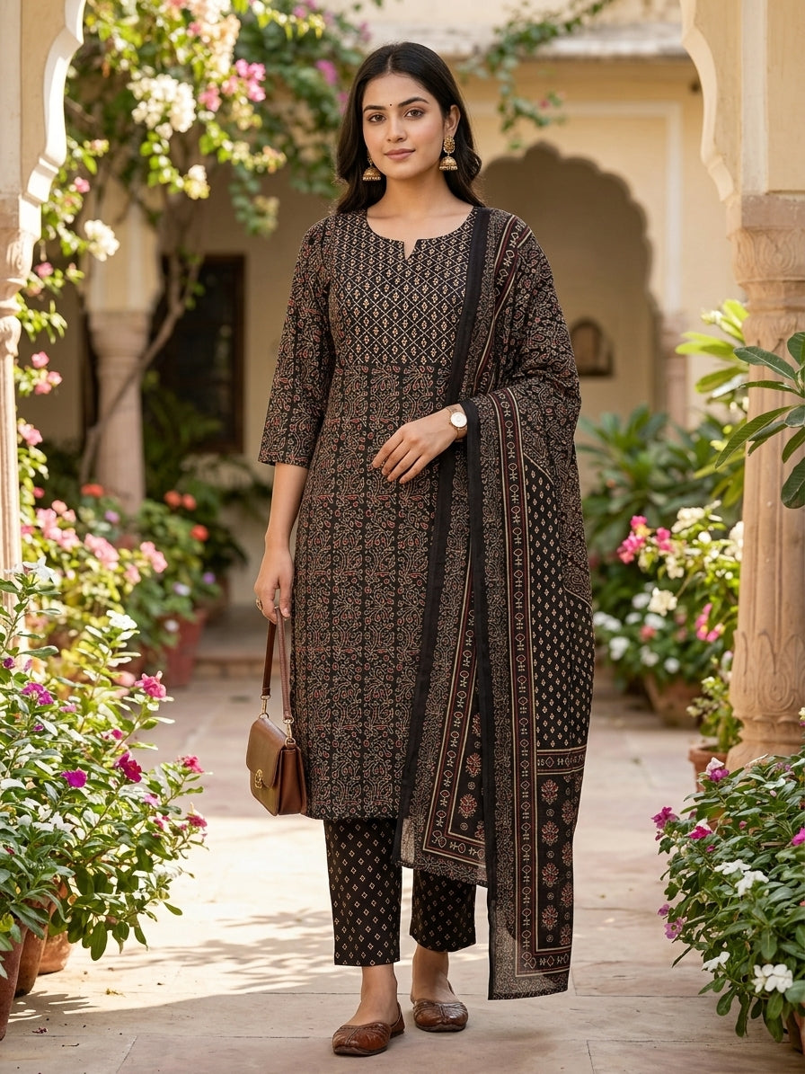 Black Ajrakh Heritage Cotton Suit Set