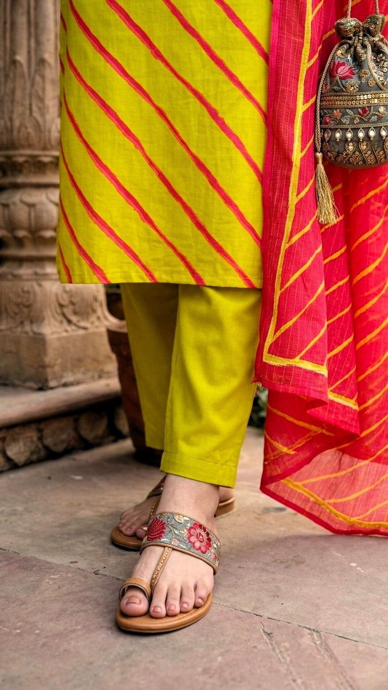 Lime Green Leheriya Jaipur Cotton Suit Set