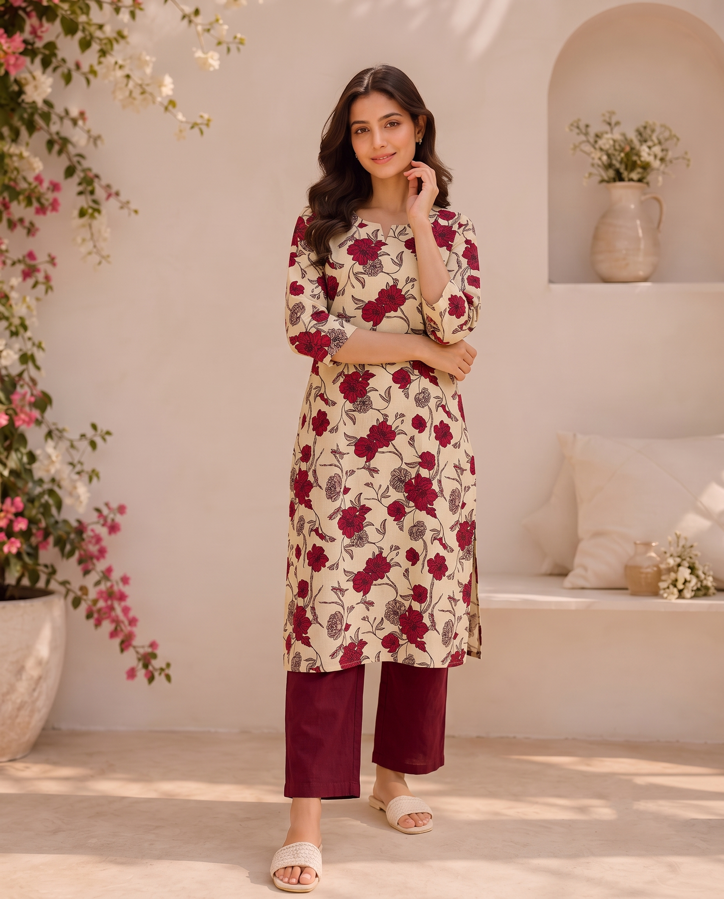 Ivory Crimson Bloom Cotton Flex Kurta