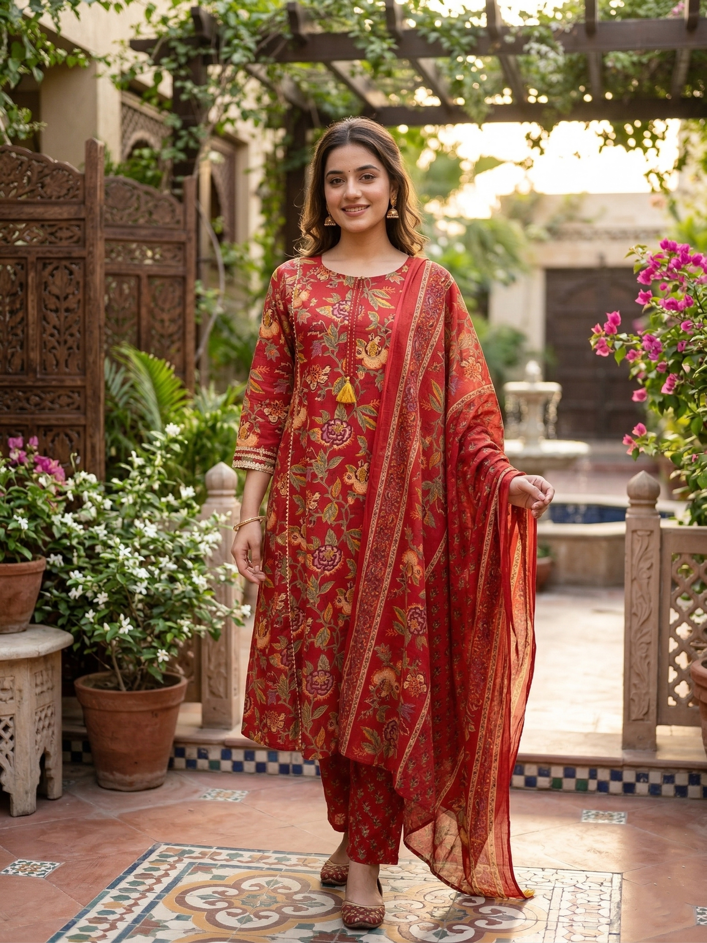 Red Floral Cotton Suit Set