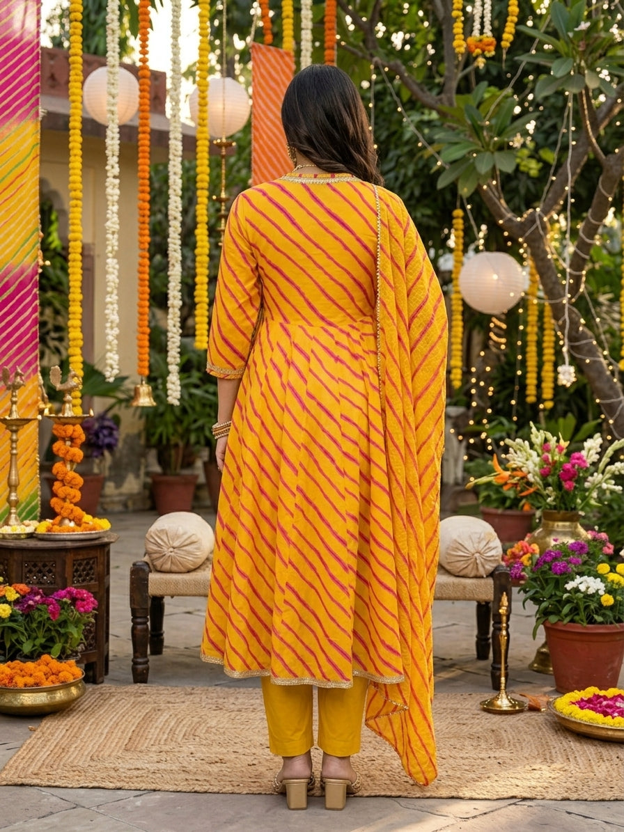 Genda Bahaar Utsav Angrakha Leheriya Cotton Suit Set