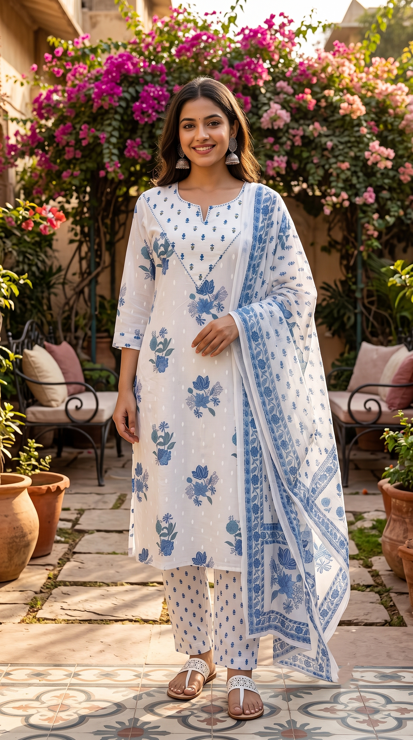 White Blossom Jaipur Cotton Suit Set