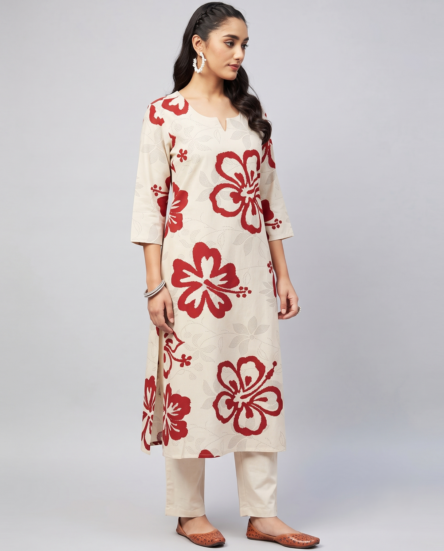 Ivory Rust Hibiscus Cotton Flex Kurta