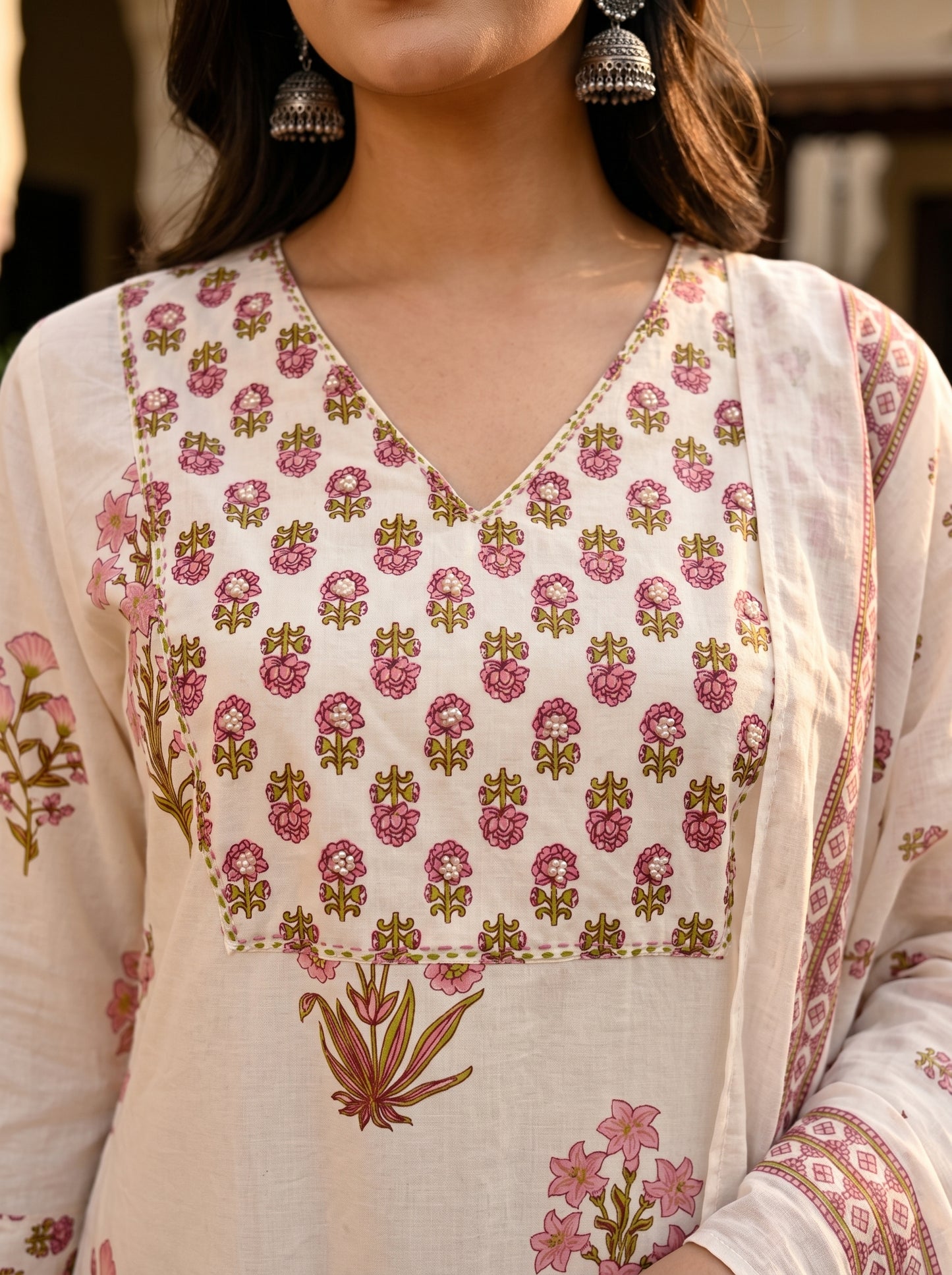 Off White Blossom Jaipur Cotton Suit Set
