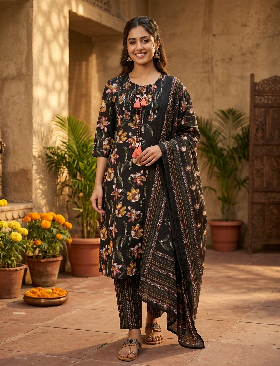 Black Floral Straight Cotton Suit Set
