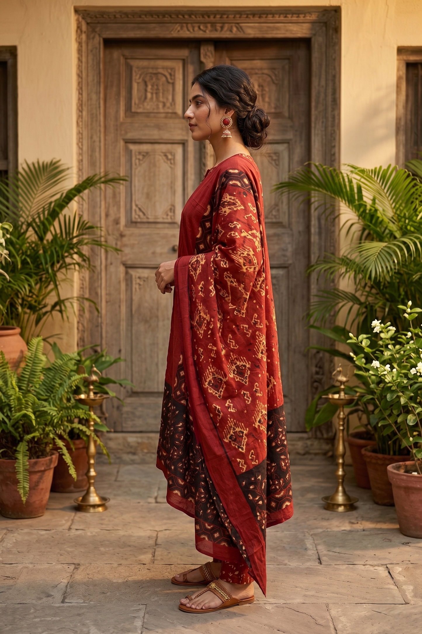 Heritage Red Ikat Pure Cotton Dupatta Set