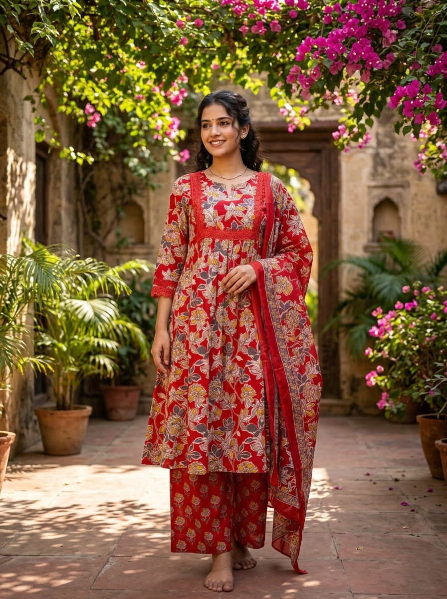 Red Sanganeri Floral Cotton Suit Set
