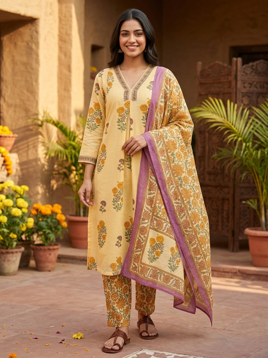 Yellow jaipuri flower print Cotton Suit Set