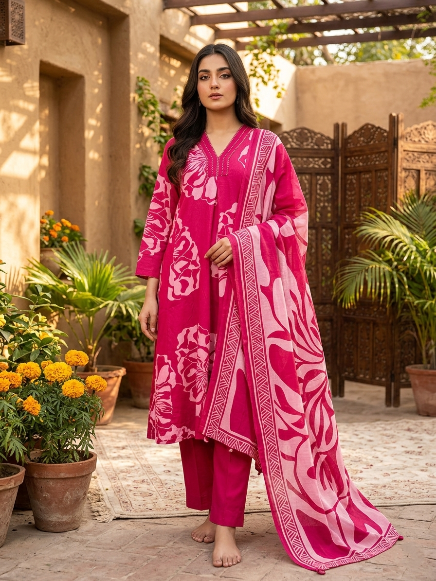 Pink Floral Cotton Suit Set