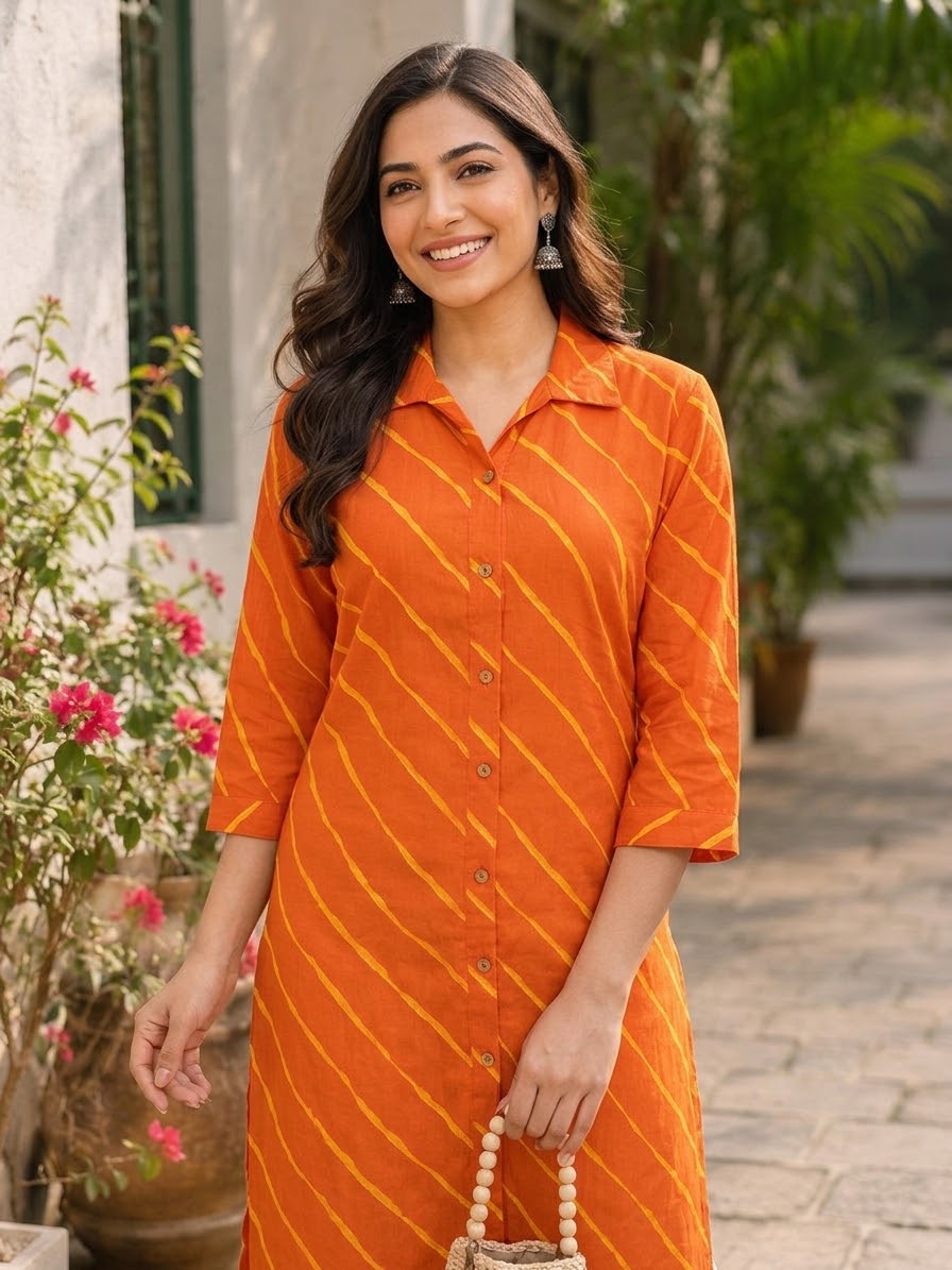 Narangi Kesar Leheriya Cotton Kurta