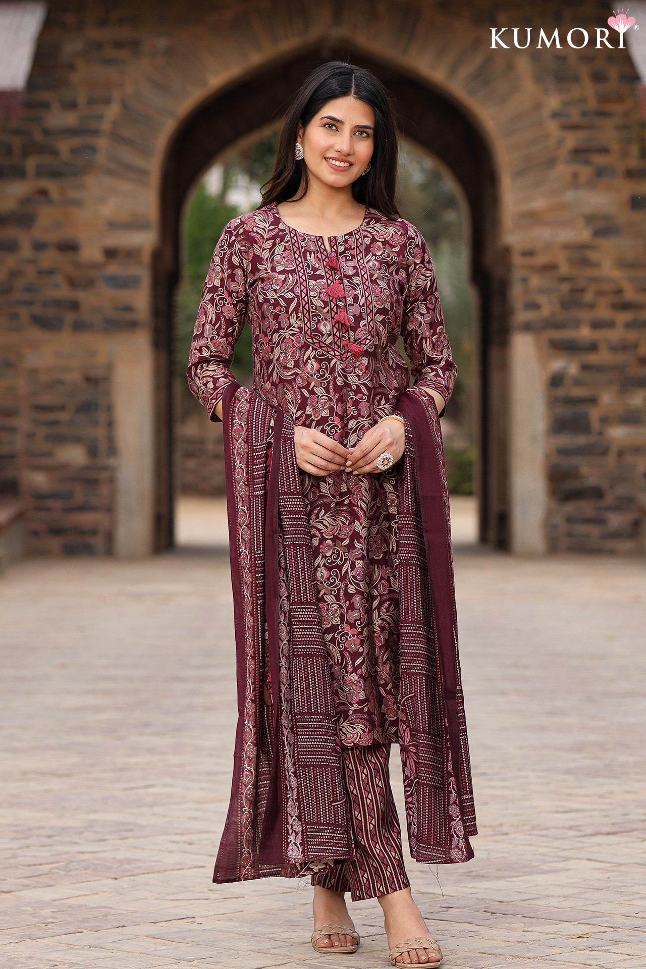 Dark Sienna Floral Print Kurta Pant Set