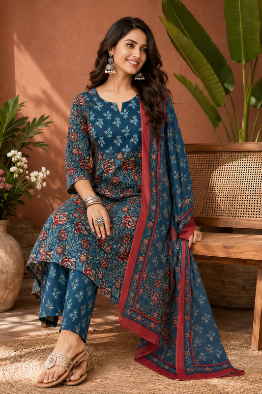 Teal Phoolwari Jaipur Cotton Suit Set