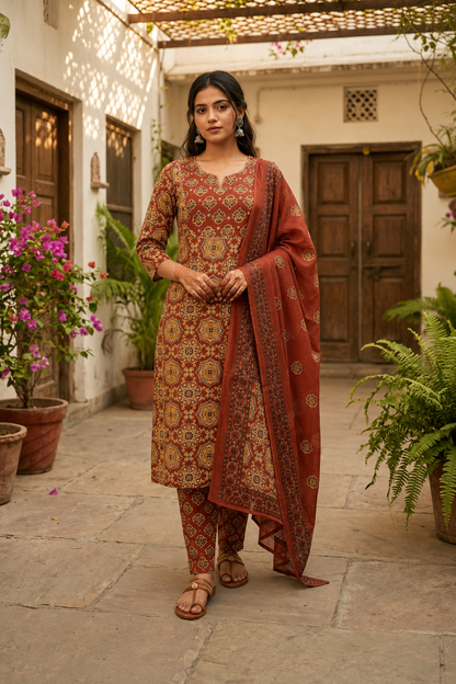Rust Aangan Cotton Suit Set