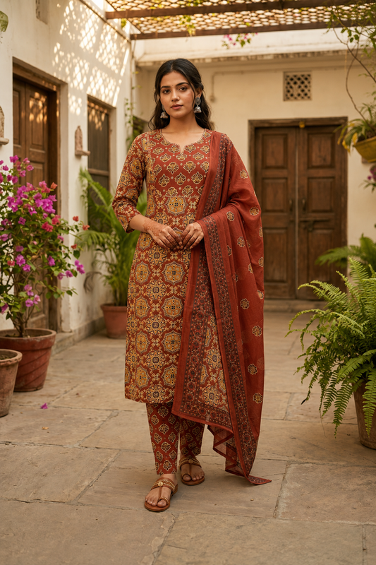 Rust Aangan Cotton Suit Set