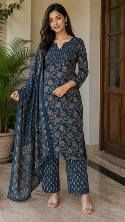 Teal Heritage Jaipur Cotton Suit Set