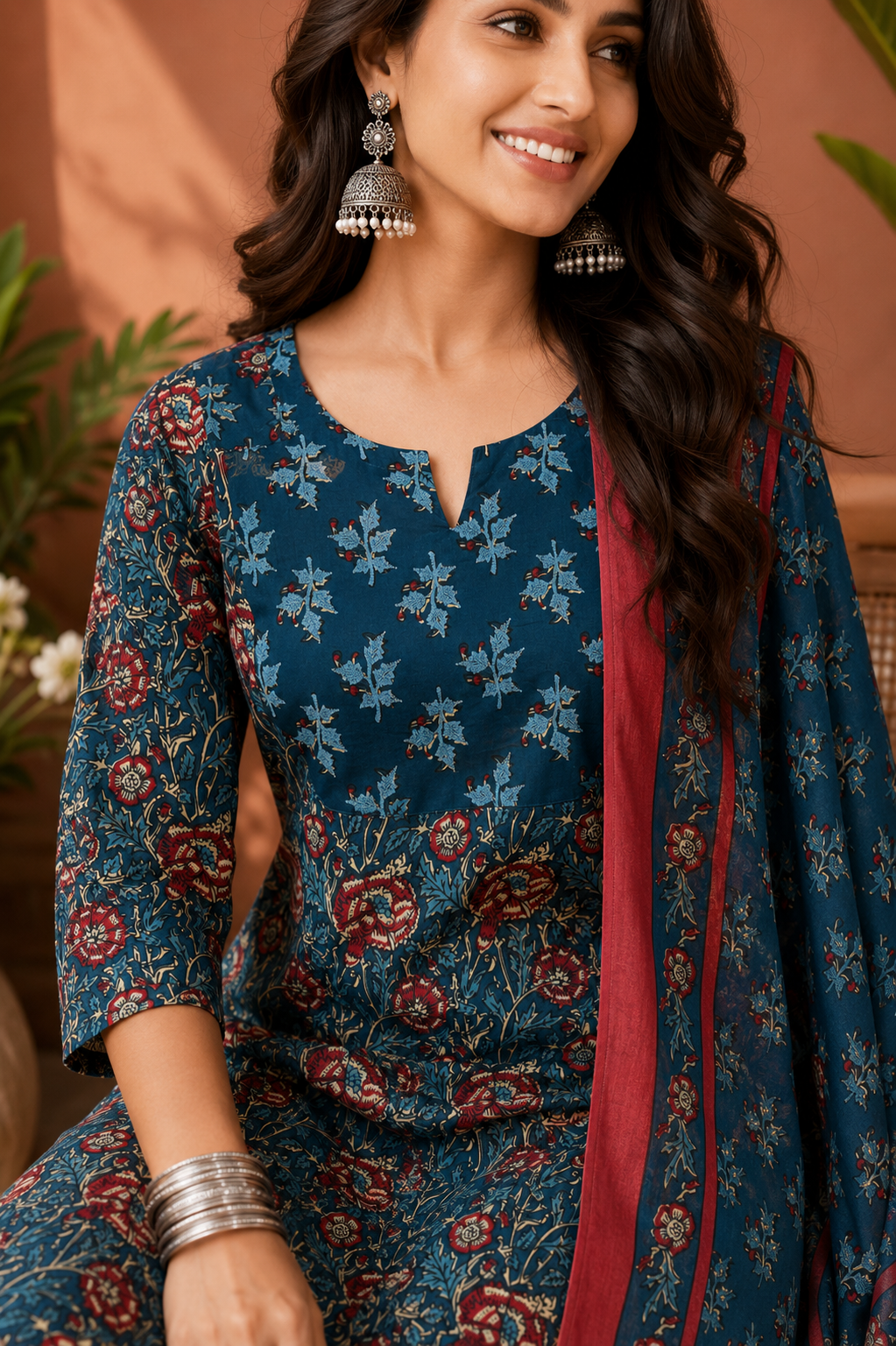 Teal Phoolwari Jaipur Cotton Suit Set