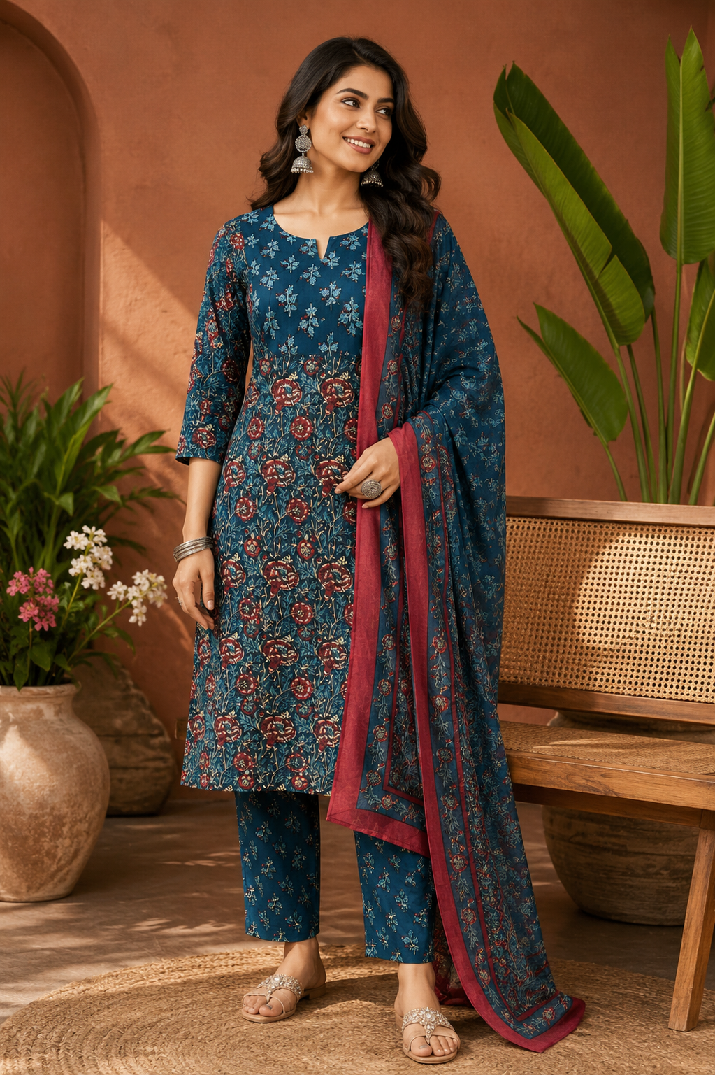 Teal Phoolwari Jaipur Cotton Suit Set