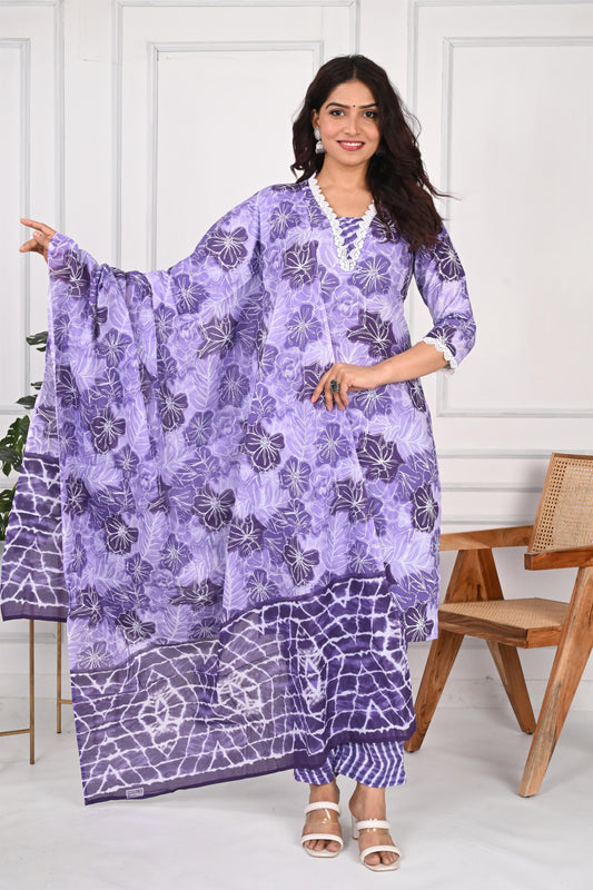 Lavender Phool Shibori Cotton Suit Set