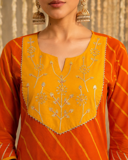Kesari Adaa Leheriya Cotton Kurta Pant Set