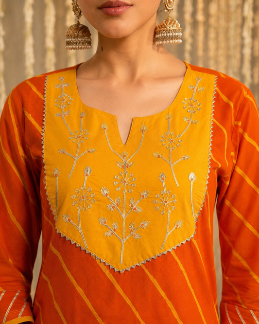 Kesari Adaa Leheriya Cotton Kurta Pant Set