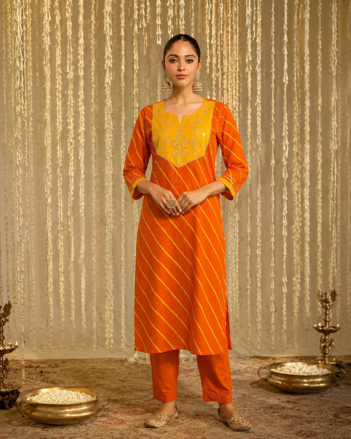 Kesari Adaa Leheriya Cotton Kurta Pant Set