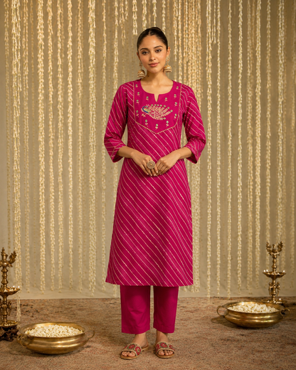 Rani Morni Leheriya Cotton Kurta Pant Set