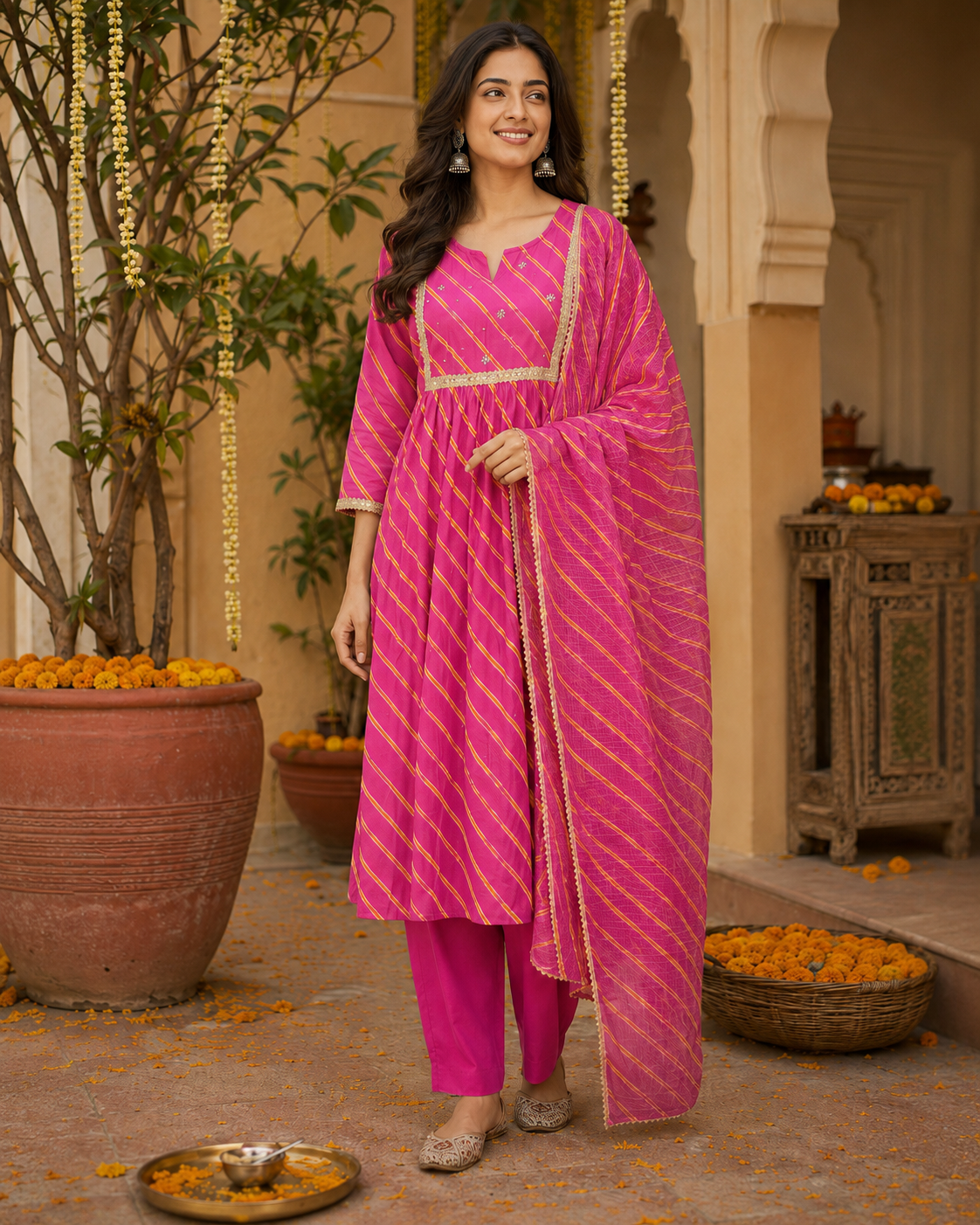 Gulabi Utsav Leheriya Cotton Suit Set
