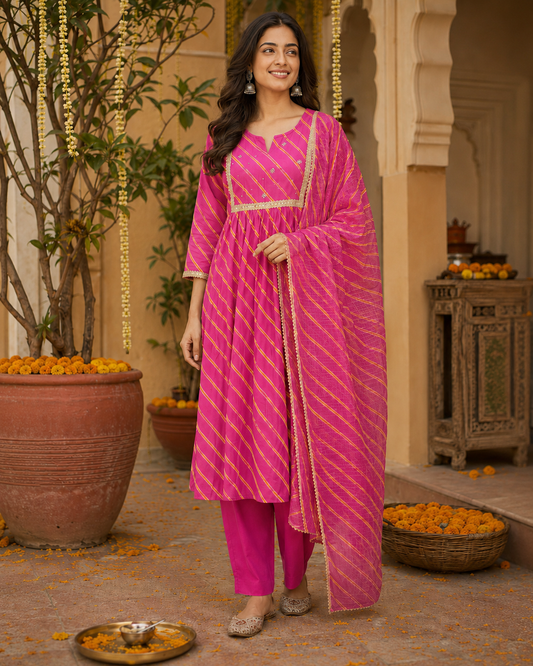 Gulabi Utsav Leheriya Cotton Suit Set