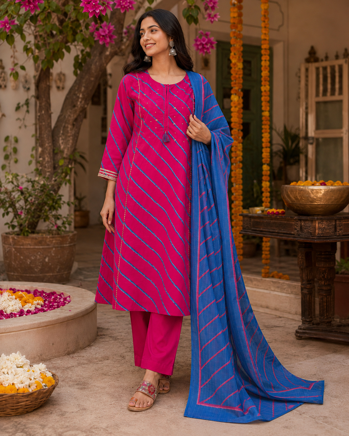 Gulabi Neel Leheriya Cotton Suit Set