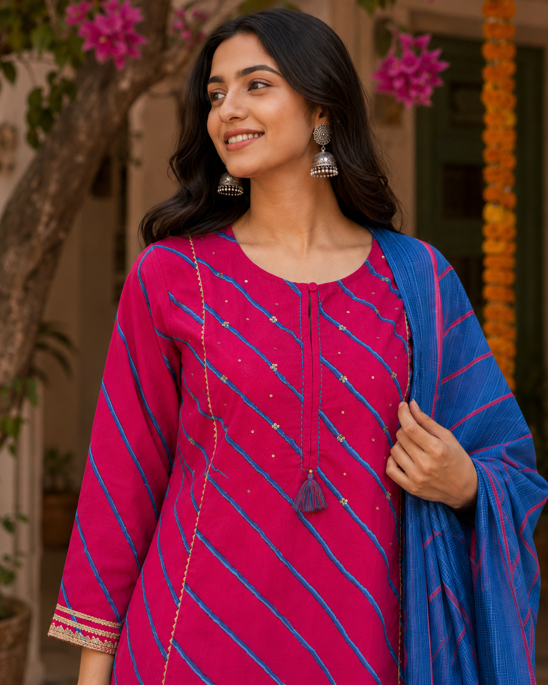 Gulabi Neel Leheriya Cotton Suit Set