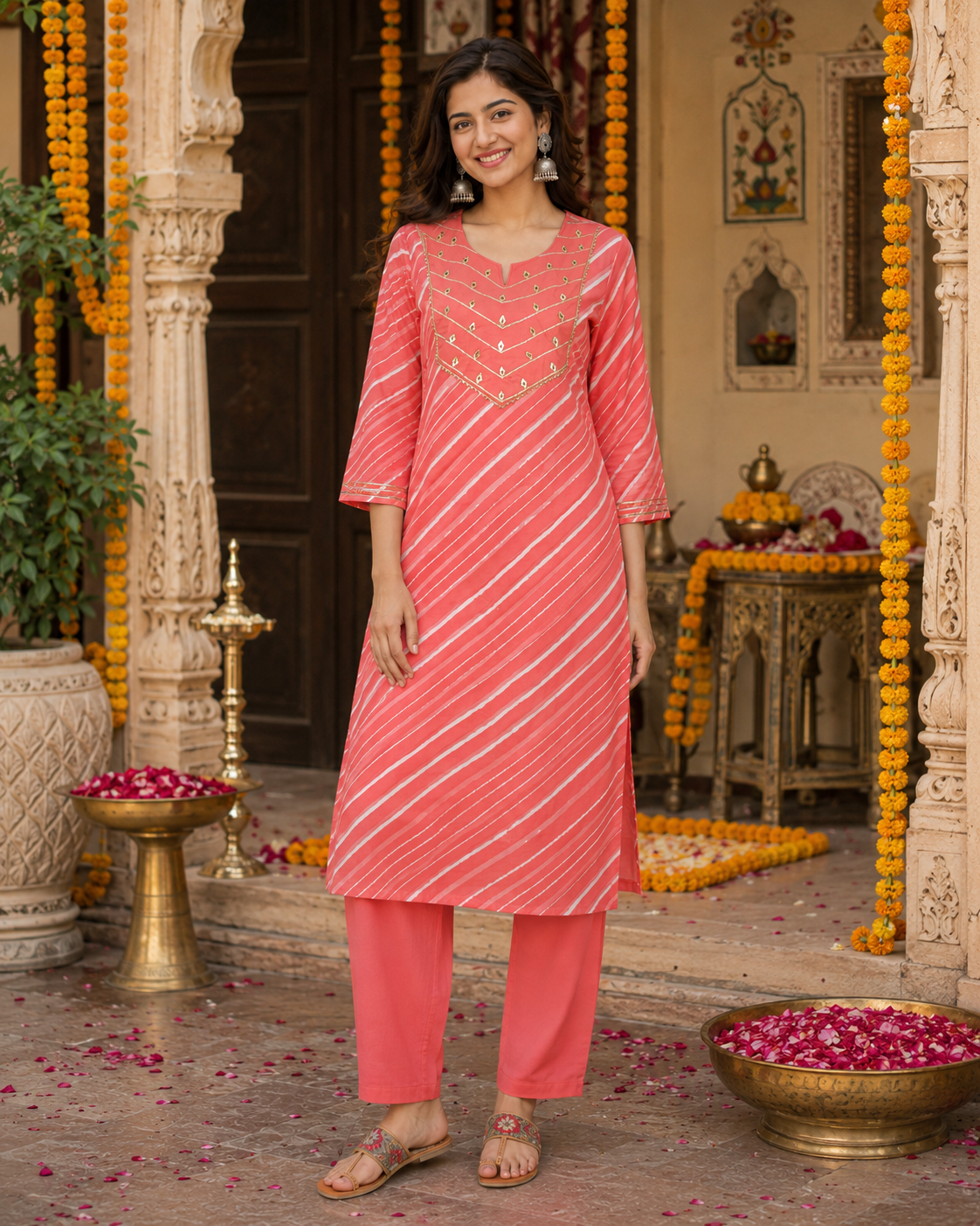 Peach Adaa Leheriya Cotton Kurta Pant Set