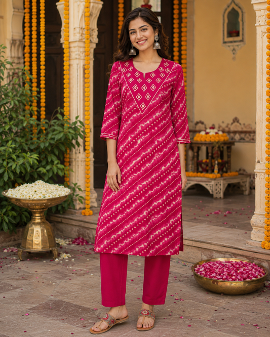 Rani Adaa Leheriya Cotton Kurta Pant Set