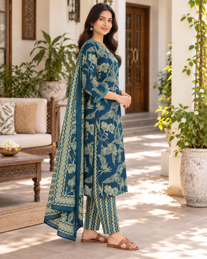 Teal Aranya Pure Cotton Suit Set