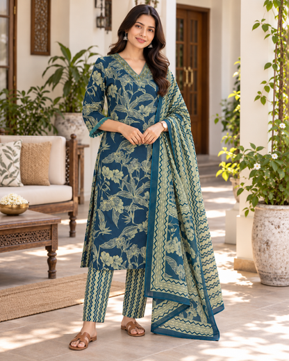 Teal Aranya Pure Cotton Suit Set