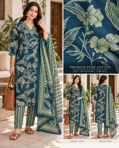 Teal Aranya Pure Cotton Suit Set
