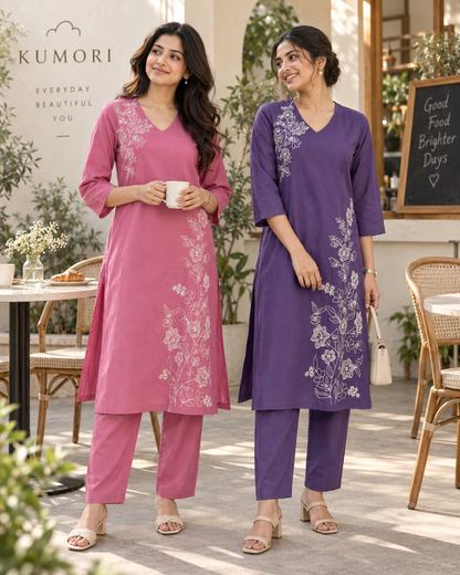 Rosé Flora Dori Embroidery Cotton Flex Co-ord Set