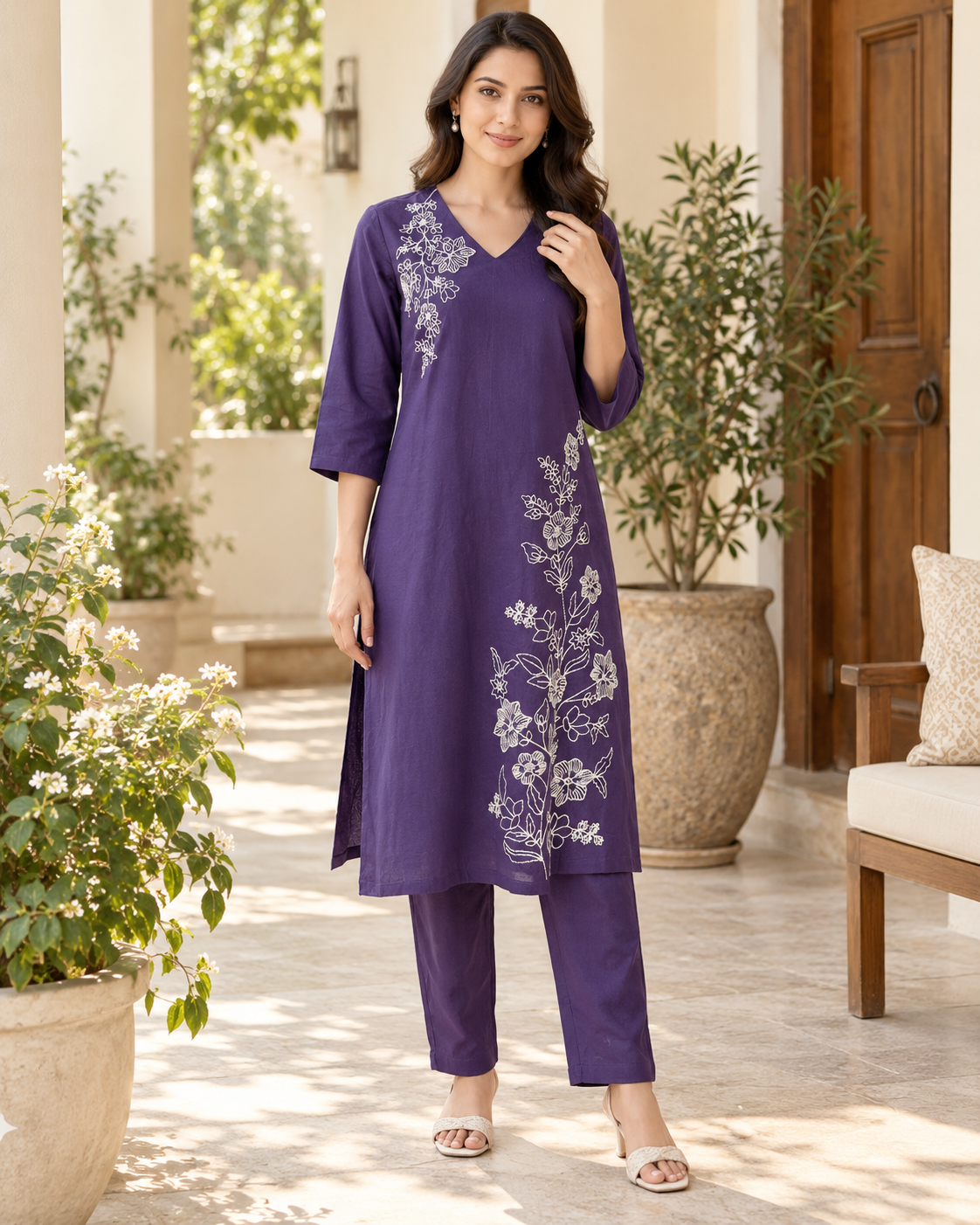 Purple Flora Dori Embroidery Cotton Flex Co-ord Set