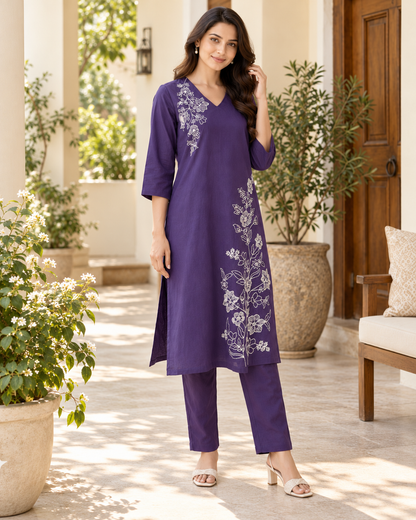Purple Flora Dori Embroidery Cotton Flex Co-ord Set