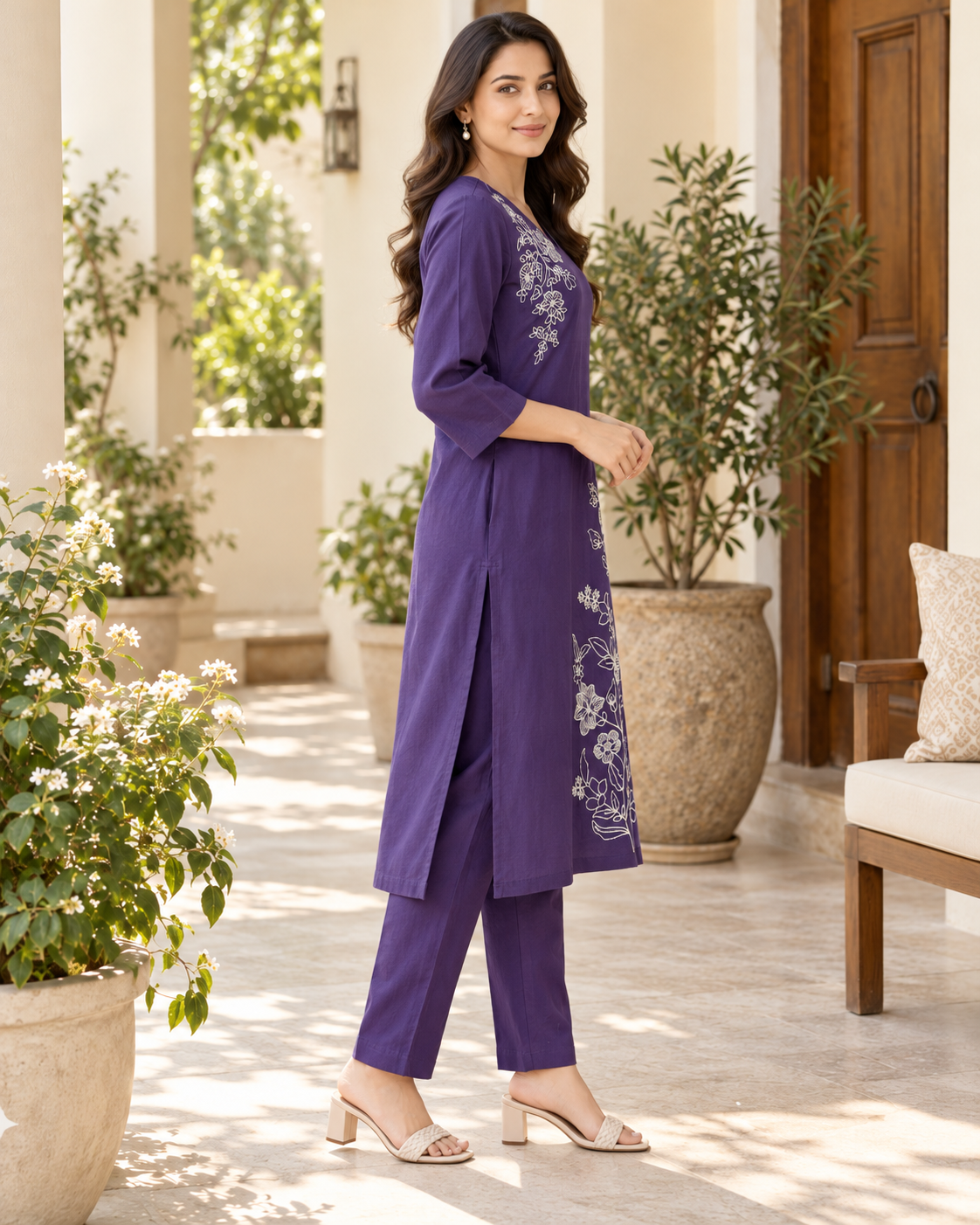 Purple Flora Dori Embroidery Cotton Flex Co-ord Set