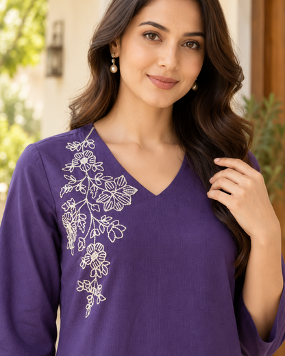 Purple Flora Dori Embroidery Cotton Flex Co-ord Set